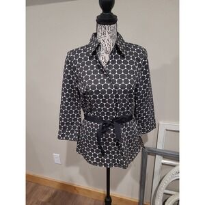 Tweeds Women's SZ Sm. Black and White contemporary Blouse w/waist tie career‎